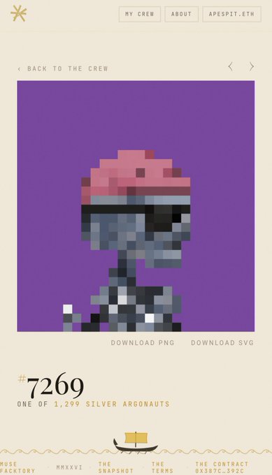 A pixel-art NFT portrait of a helmeted "Argonaut" character (#7269) displayed on the Apespit.eth site, with a pink helmet, blue-grey armor, and download options for PNG/SVG files. The figure is identified as "One of 1,299 Silver Argonauts," matching the post's reference to "Argonauts 7269."