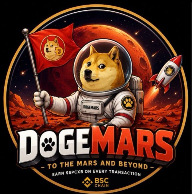 A promotional banner for the 'DOGEMARS' meme coin featuring a Shiba Inu in a spacesuit holding a Doge flag on Mars, with the text 'TO THE MARS AND BEYOND - EARN $SPCXB ON EVERY TRANSACTION' and a BSC Chain logo.