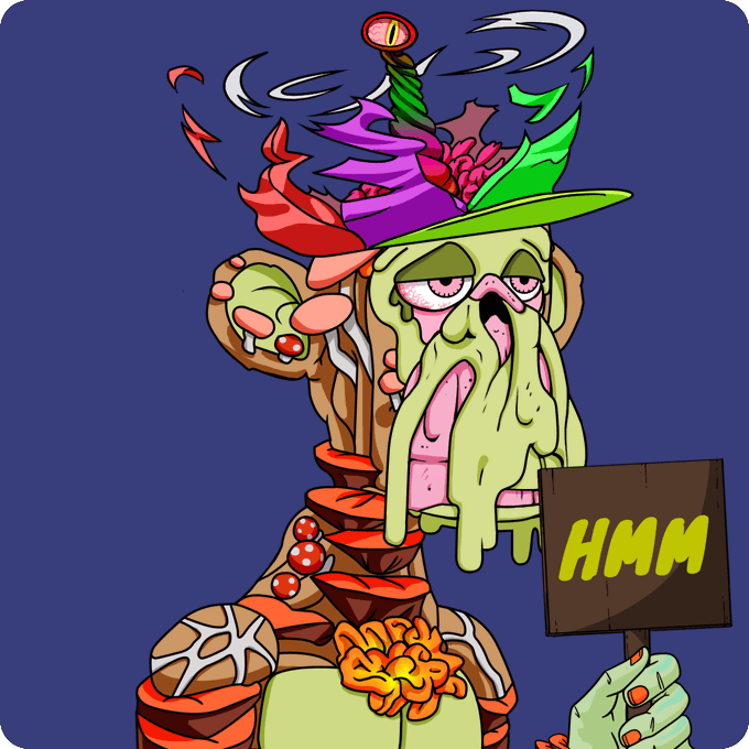 A stylized cartoon character with a melting green face, colorful feathered hat, and mushroom details holding a sign that reads 'HMM' on a dark blue background.