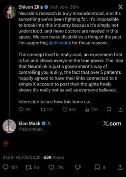 A screenshot of an X (Twitter) post by Shivon Zilis (@shivon) discussing Neuralink research and patients connected to a simple X account, with Elon Musk's reply visible below.