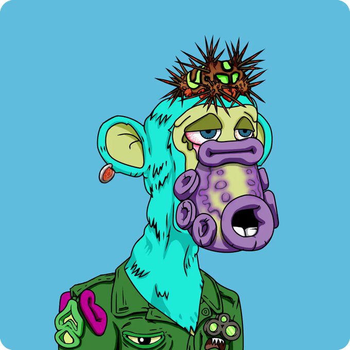 A digital cartoon illustration of a Bored Ape-style character with cyan fur, a spiky crown, purple lips, and a military-style green jacket against a blue background.