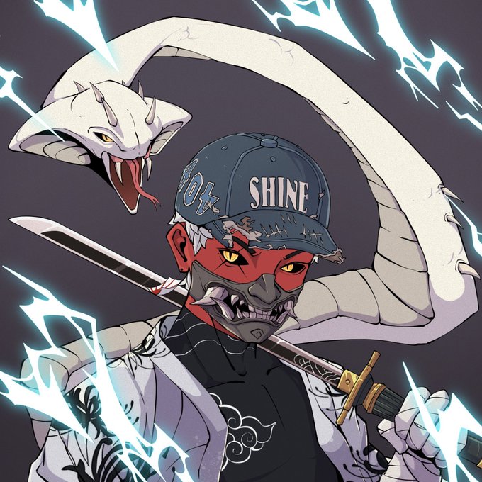 A stylized anime/illustration of a red-skinned character with sharp teeth wearing a cap that says 'SHINE' and '90%', holding a sword with a white snake looming behind amid blue lightning effects.