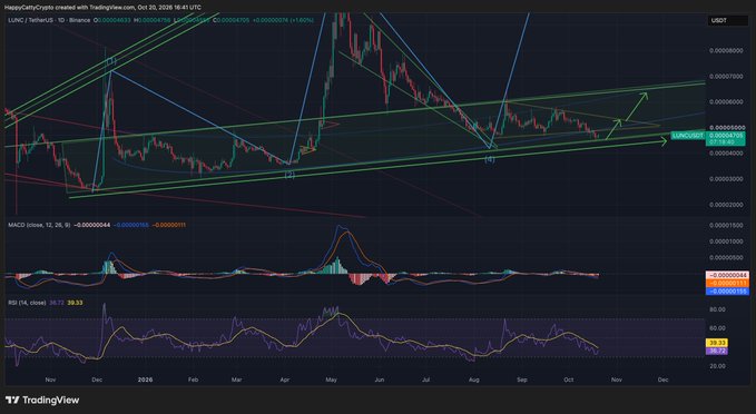 A TradingView daily chart of LUNC/TetherUS (LUNCUSDT) shows a rising wedge, descending trendlines, MACD, and RSI (14), with the latest price near 0.00000441. The chart illustrates the post’s view that LUNC is turning green and needs a clean bounce along its year-long ascending trendline after deviating above the descending wedge pattern.
