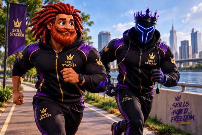 Two stylized animated characters in black and purple 'SKILL STACKER' tracksuits running along a waterfront, one with red dreadlocks and a beard, the other wearing a futuristic glowing purple helmet, with a banner reading 'SKILLS BUILD FREEDOM.'
