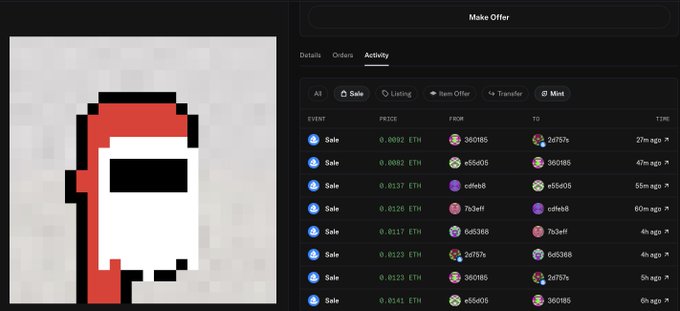 A cryptocurrency/NFT marketplace interface showing a pixel art red hooded character on the left and an Activity panel on the right listing multiple sales transactions in ETH with various buyer/seller IDs.