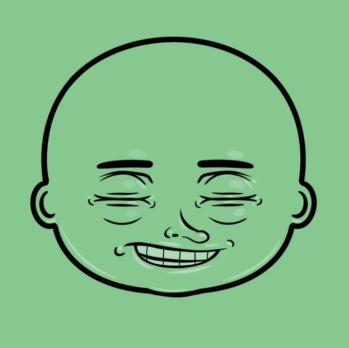 Cartoon-style illustration of a green baby's smiling face with closed, squinting eyes and visible teeth against a solid mint green background.