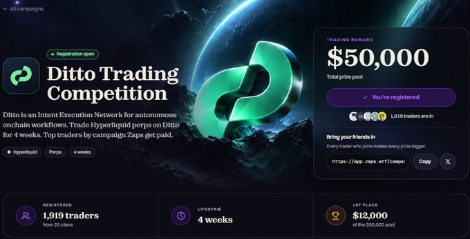 A promotional webpage for a 'Ditto Trading Competition' on Hyperliquid with a $50,000 prize pool, showing 1,919 registered traders and 1st place prize of $12,000.