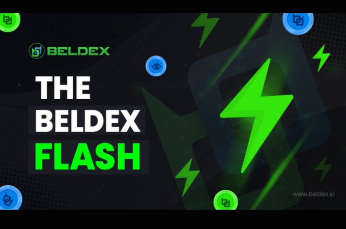 A graphic for 'THE BELDEX FLASH' featuring the Beldex logo and bright green lightning bolts on a dark background, with the website www.beldex.io.