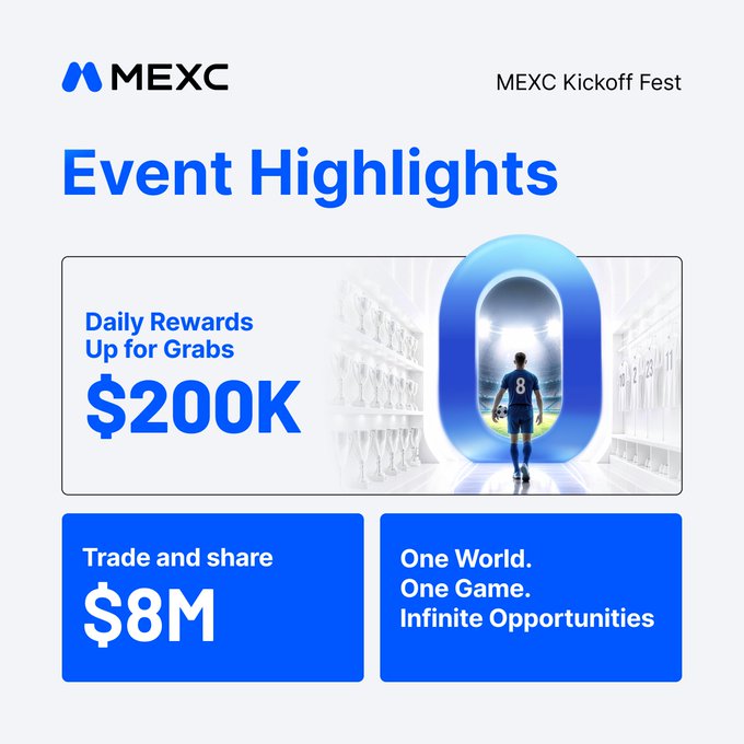 A person walking through a blue hallway next to a white archway that says "MEXC Kickoff Fest" printed on it, which suggests the event might be related to football or something happening at the MEXC conference center. The text in this image includes highlights of an event, such as daily rewards for grabs and one world opportunities.