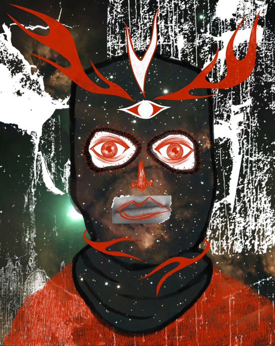 A dark, surreal digital artwork depicts a figure with a galaxy-textured face, three red eyes with eyelashes, and red tribal patterns on a black-and-white textured background.