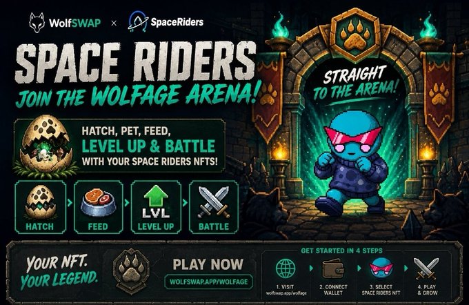 The image features a poster for a video game called "Space Riders" with a cartoon character dressed as a blue alien standing next to a castle gate, which has a dragon on top of it. The poster also includes text that encourages people to join the Wolfage Arena and play the game together.