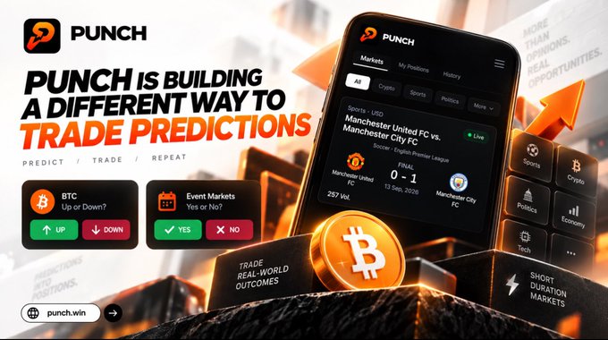 An advertisement for 'PUNCH' with the text 'PUNCH IS BUILDING A DIFFERENT WAY TO TRADE PREDICTIONS' and 'PREDICT / TRADE / REPEAT', showing prediction markets for BTC and Manchester United vs. Manchester City.
