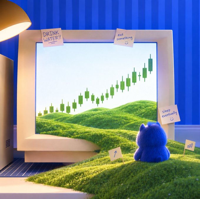A small blue fuzzy creature sits on a grassy hillside outside a window displaying a green candlestick chart trending upward, with sticky notes reading "DRINK WATER!!", "eat something", and "sleep eventually" taped to the frame—echoing the post's "GM" by framing a bullish crypto-style chart as something whimsically alive and growing.