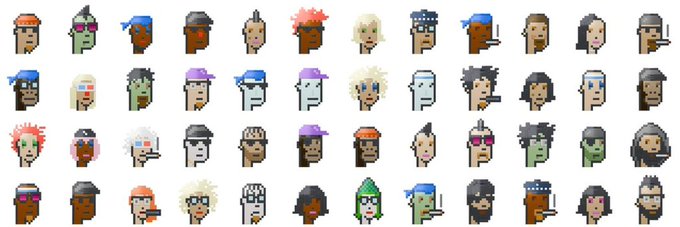 A grid of various pixel art monkey/CryptoPunk-style avatar portraits with diverse hairstyles, colors, and accessories.