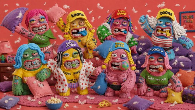 A vibrant collection of clay-sculpted, grotesque "Girls" figures wearing branded hats and shirts with "t00ns," "t00n power," "toonzilla," "creature," and "Take my beer" text fills a pink, fluffy room. The scene visually represents the T00ns Girls NFT collection launching on OpenSea, featuring their quirky, toy-like 3D-rendered characters.