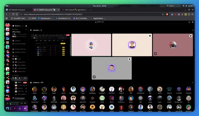 A screenshot of a Discord server showing a voice channel with several speakers and an audience list, with browser tabs visible at the top including 'ZixelrAI' and 'Dashboard'.