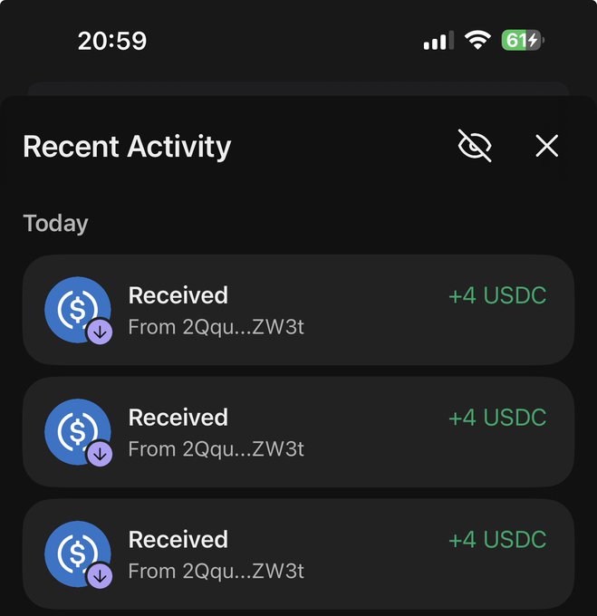 A smartphone screenshot of a "Recent Activity" feed shows three transactions, each showing "+4 USDC Received" from address "2Qqu...ZW3t" in the crypto wallet, totaling $12 USDC received today. The image illustrates the "daily $4 secure" portion of the post, showcasing the consistent $4 USDC earnings being referenced.