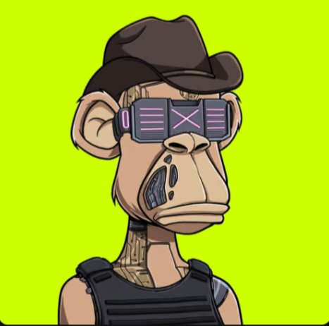 A cartoon ape wearing a black cowboy hat and digital sunglasses with an X symbol, set against a neon green background.
