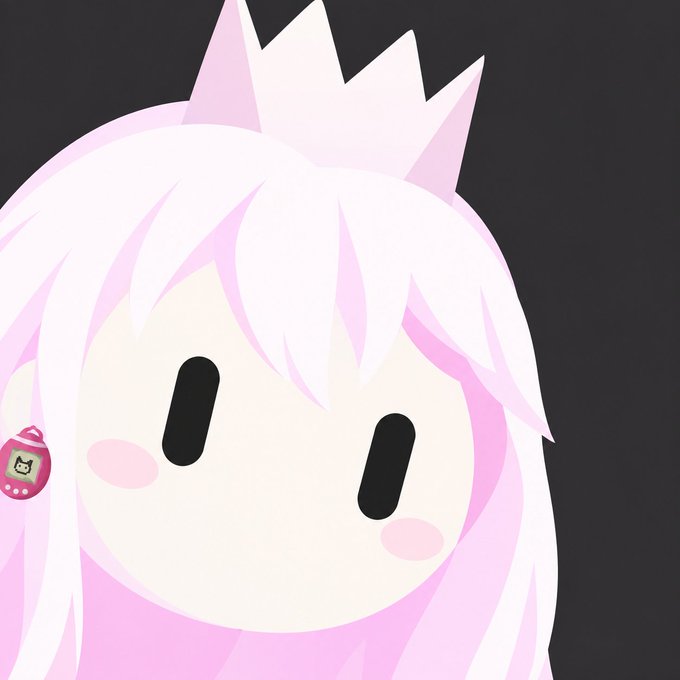 A simple cartoon illustration of a pale character with pink hair styled in a crown shape, wearing a small pink Tamagotchi-like device on their ear against a black background.