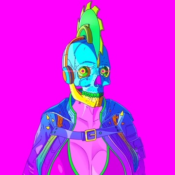 A vibrant, neon-colored digital illustration features a humanoid figure with a green mohawk, blue skull-like face, and purple jacket set against a bright pink background.