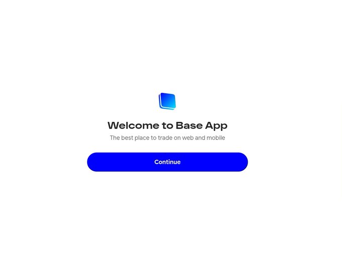 A welcome screen for "Base App" with the tagline "The best place to trade on web and mobile" and a blue "Continue" button, marking the launch of the platform's desktop version for web-based trading. The minimalist design, featuring the Base logo, aligns with the announcement that users can now trade directly from the web without being limited to the mobile app.