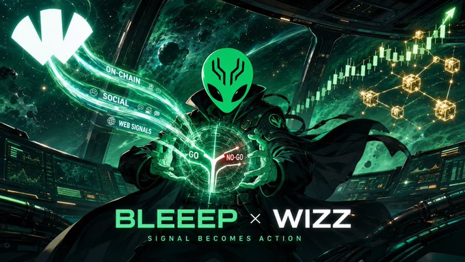 Promotional graphic for BLEEEP x WIZZ featuring an alien-like figure holding a holographic globe with GO/NO-GO indicators, surrounded by tags like 'ON-CHAIN,' 'SOCIAL,' and 'WEB SIGNALS,' with the tagline 'SIGNAL BECOMES ACTION.'