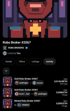 The image shows an OpenSea listing page for "Robo Broker #2067" from the Robo Brokers NFT collection, displaying recent sales including the user's own purchase of the NFT for 0.0146 WETH and subsequent floor price drops to around 0.0088-0.0112 ETH, illustrating the poster's experience of buying right before a sharp price decline they humorously blame on their own "Jim Cramer effect."