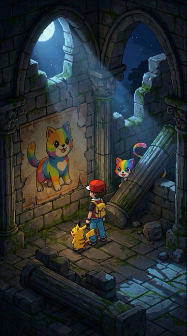 An illustration of a boy with a red cap and a small yellow Pokémon exploring a moonlit stone ruin, encountering colorful cats.
