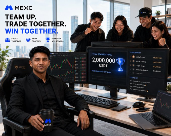A promotional image for MEXC exchange with the tagline 'TEAM UP. TRADE TOGETHER. WIN TOGETHER.', showing a man at a trading desk with screens displaying a 'TEAM REWARDS POOL' of 2,000,000 USDT and a leaderboard.