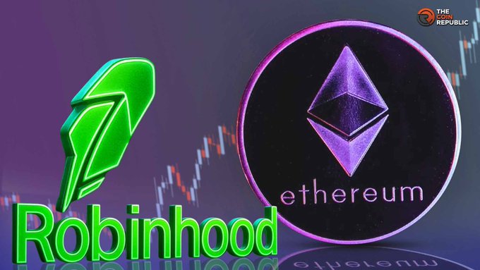 A graphic displays the Robinhood and Ethereum logos overlaid on a candlestick chart background, branded by The Coin Republic, highlighting a connection between the two.