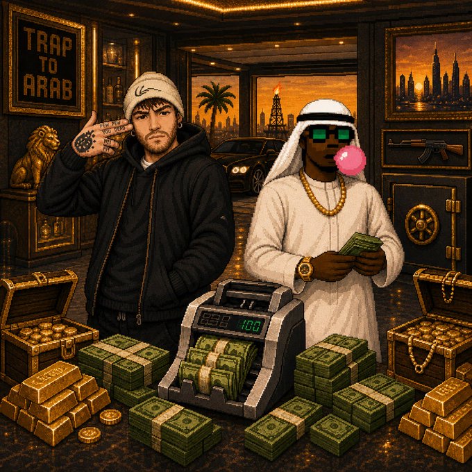 The image depicts a stylized illustration titled "TRAP TO ARAB," showing two figures surrounded by gold bars, stacks of cash, and an AK-47, with a Middle Eastern cityscape visible through the window. This visually represents the "Saudi Whitelist" drop mentioned in the post, using the imagery to signal an exclusive opportunity tied to Saudi/international crypto markets.