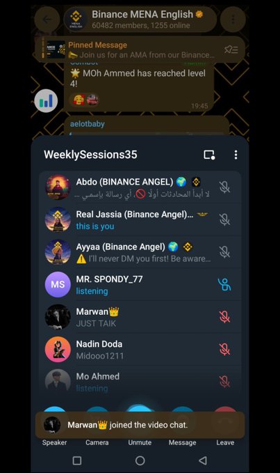 A screenshot of a Telegram group chat called 'Binance MENA English' showing a 'WeeklySessions35' voice call with multiple participants listed.