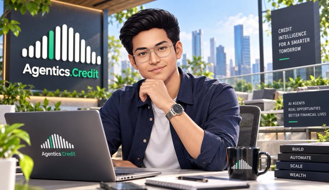 An advertisement for 'Agentics Credit' showing a young man with glasses sitting at a desk with a laptop, with text including 'CREDIT INTELLIGENCE FOR A SMARTER TOMORROW' and 'AI AGENTS REAL OPPORTUNITIES BETTER FINANCIAL LIVES'.