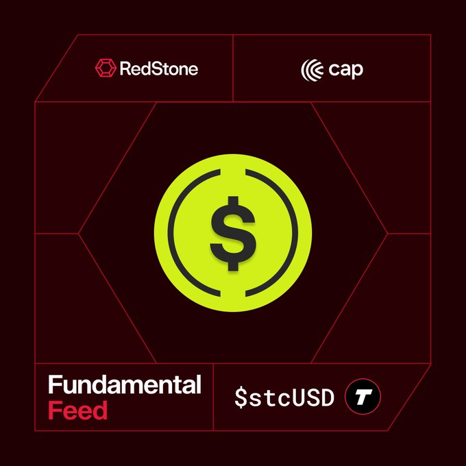 The image shows a poster for a new cryptocurrency called "Fundamental Feed", which has just been launched by RedBlock and other companies such as Cap, StcUSD, and T.