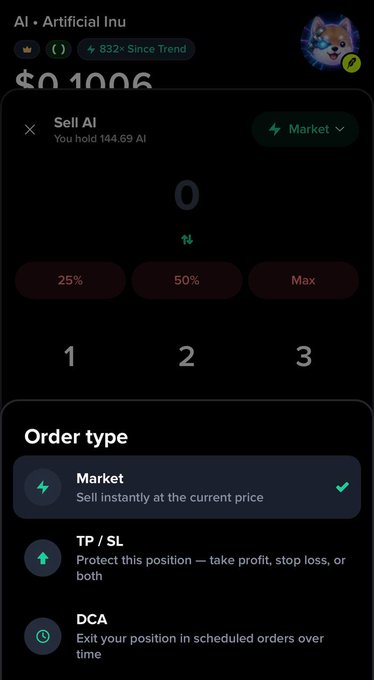 A trading interface shows a "Sell AI" order screen for 144.69 tokens with a market value of $01006, with the Order type menu open displaying Market, TP/SL, and DCA options. The image illustrates Moby's advertised feature of setting auto orders, specifically showcasing the trade exit options (Market, TP/SL, and DCA) available within the platform.