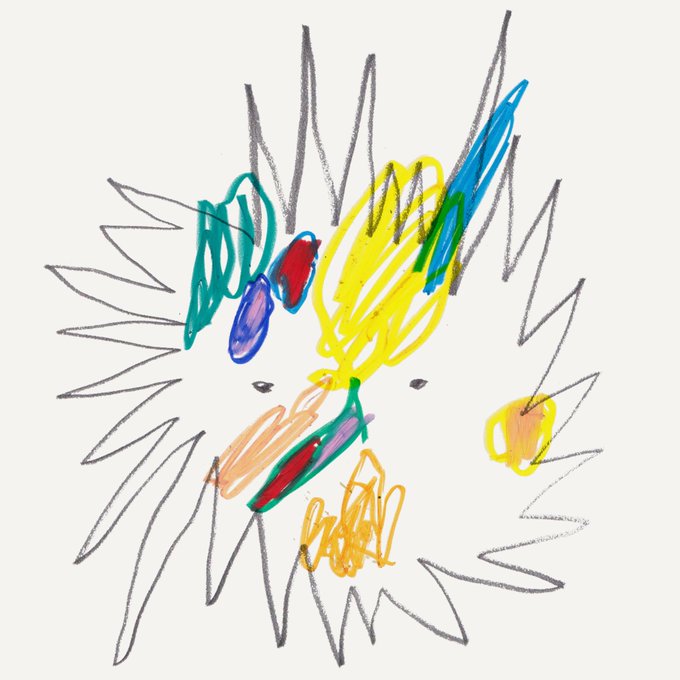 A colorful child-like drawing of a spiky-haired character with scribbled yellow hair and multicolored facial features.