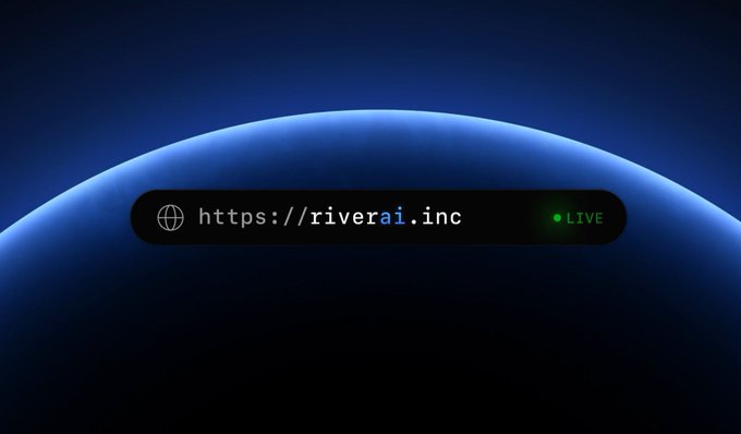 A dark blue globe background with a URL bar displaying 'https://riverai.inc' and a green 'LIVE' indicator.