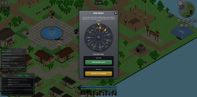 A screenshot from an isometric town-building game showing a 'Daily Spinner' mini-game popup with reward options over a park and building environment.