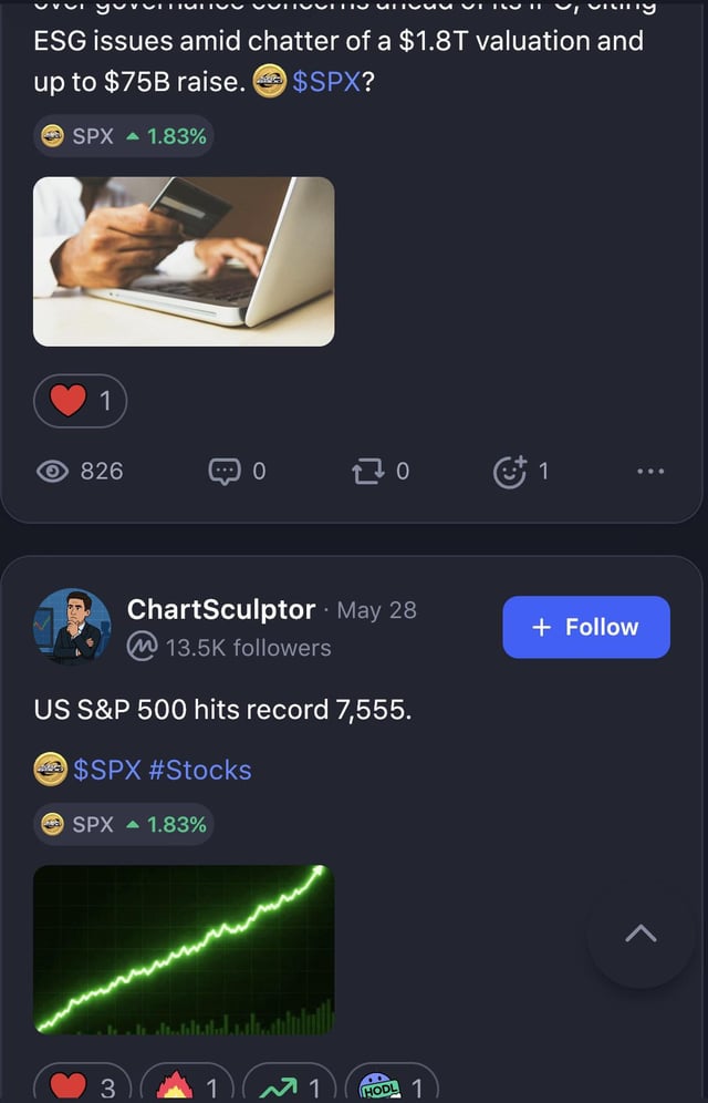 The image shows a phone screen with two different social media feeds displayed side by side, both of which contain news articles about stocks. The first feed has an article titled "USSPX #SPX #stocks" and another one that says "chartsculptor #mayuris #stockmarket". The second feed also contains news articles related to stocks but with a different title: "chartsculptor #mayuris #stockmarket". These feeds are part of the social media platform Twitter, which is known for its real-time updates and short messages.