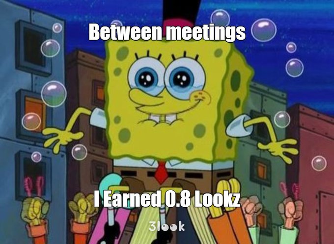 The image features a cartoon character Spongebob Squarepants standing in front of a cityscape with buildings and bubbles. The caption reads "Between meetings I earned 0.8 Looksz 3looks @wallchain", which suggests that Spongebob has been involved in some sort of meeting or event, possibly related to the post's content.