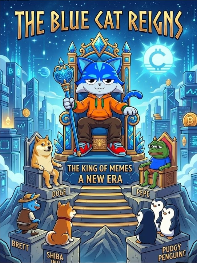The image features a cartoon illustration of a blue cat sitting atop a throne with a gold crown, surrounded by various animals such as dogs, penguins, and other birds. The caption reads "$Toshi. The blue cat, in its proper place." This suggests that the image is related to a post about cats or a similar theme, possibly promoting a brand or product involving cats.