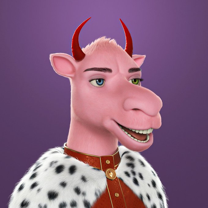 A 3D-rendered character portrait of a pink creature with red devil horns, heterochromatic eyes (blue and green), wearing a red collar and spotted fur coat, set against a purple background.
