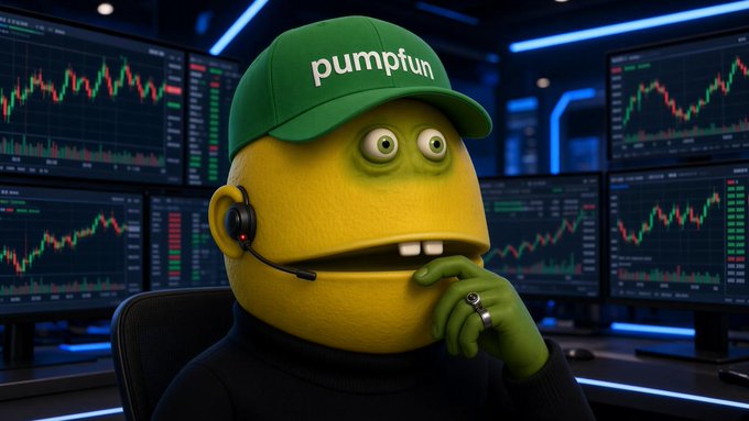 A yellow cartoonish character wearing a green 'pumptun' cap and headset sits in front of multiple screens displaying trading charts.