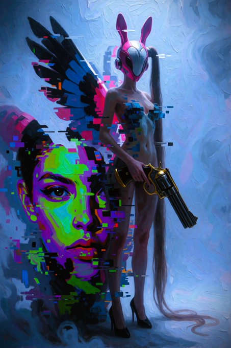 This stylized digital artwork features a masked figure with rabbit ears, black wings, high heels, and a gold revolver, accompanied by a colorful, glitch-art purple and green face emerging from pixelated blocks. The piece ties to the post by celebrating the sale of the artwork to @s00spicy.tez on the Objkt NFT marketplace, acknowledging the collector's support for the artist's creative, crypto-themed piece.