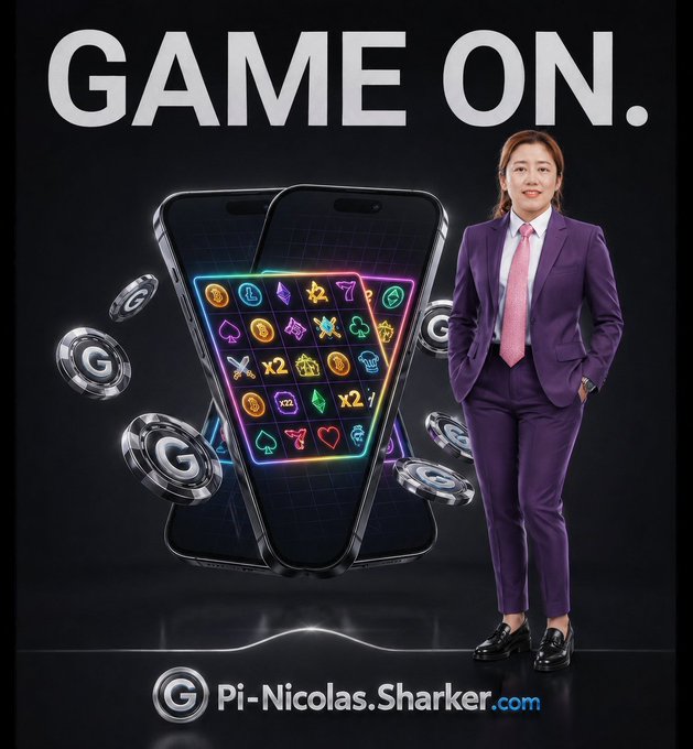 A promotional graphic features a person in a purple suit beside two smartphones displaying colorful gaming icons, with "GAME ON." in large text above and "Pi-Nicolas.Sharker.com" below, advertising G Coin as a Web3 gaming platform for casino, sports betting, trading, and more.