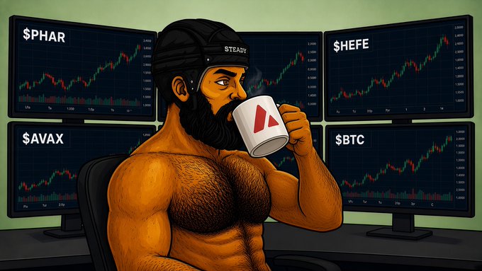 A cartoon illustration of a muscular, bearded man wearing a 'STEADY' beanie, drinking from a mug while surrounded by four monitors displaying crypto charts labeled '$PHAR', '$HEFE', '$AVAX', and '$BTC'.