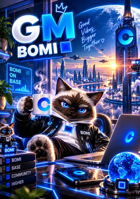 A digital illustration featuring a cat character wearing a 'BOMI' jacket, holding a coffee mug with a 'C' logo, alongside text reading 'GM BOMI' and 'Good Vibes Bigger Together', with stacked blocks labeled 'BOMI ON BASE'.