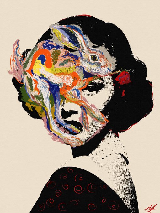 An artistic illustration of a woman's face partially obscured by colorful, abstract, swirling shapes resembling a fish or dragon, rendered in vibrant blues, oranges, and greens.