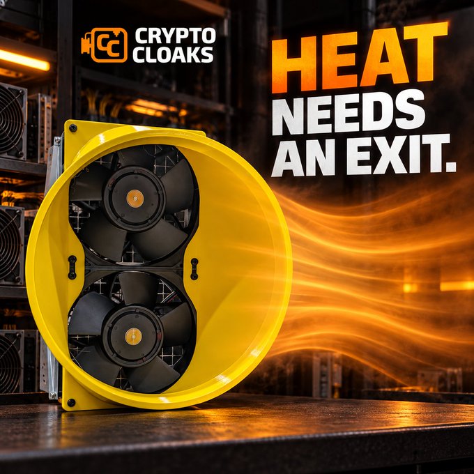 A promotional image for 'CRYPTO CLOAKS' featuring a yellow dual-fan crypto mining cooling device next to the bold text 'HEAT NEEDS AN EXIT.' with orange heat waves in the background.