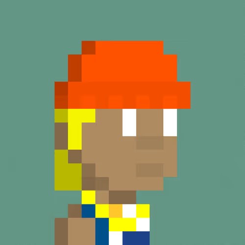A pixel art portrait of a character with red hair, tan skin, and a colorful outfit against a teal background.